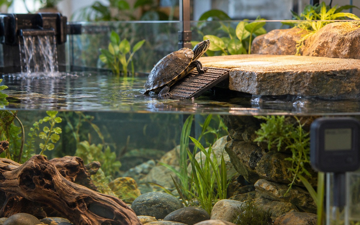 Photorealistic close-up of a properly equipped indoor turtle aquaterrarium for a small musk turtle, 