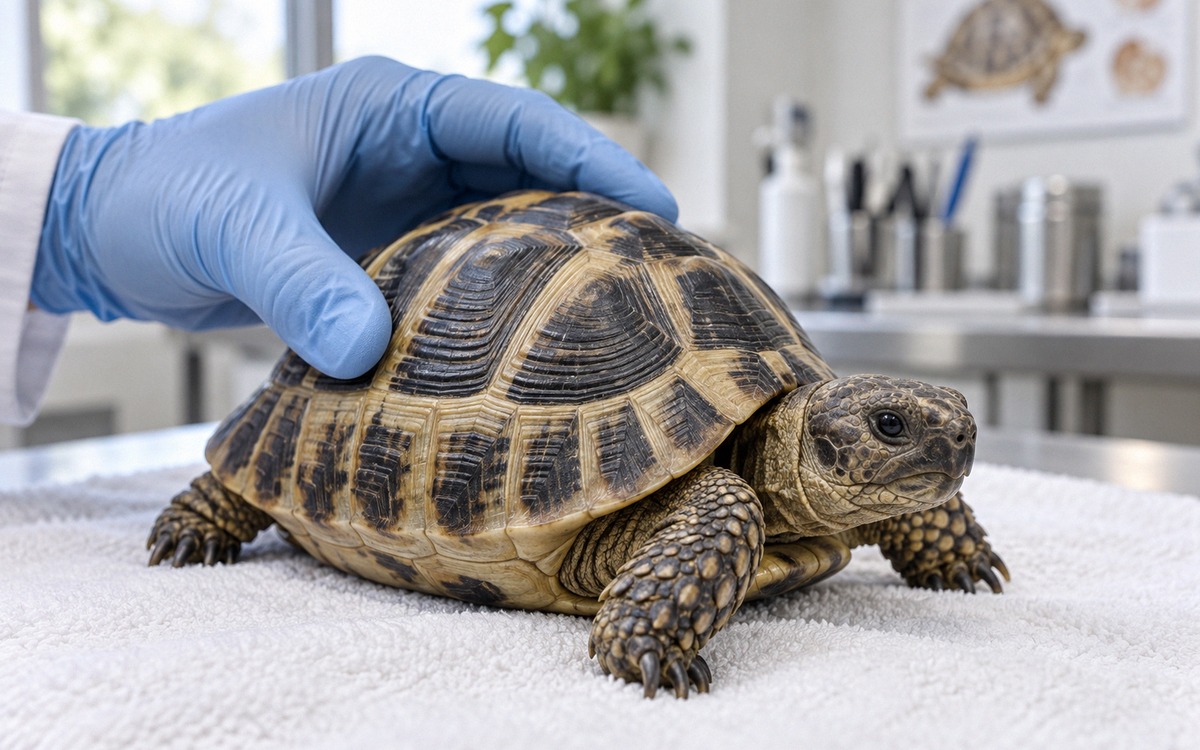 Photorealistic macro scene of a veterinarian's gloved hand gently examining the shell scutes of a sm