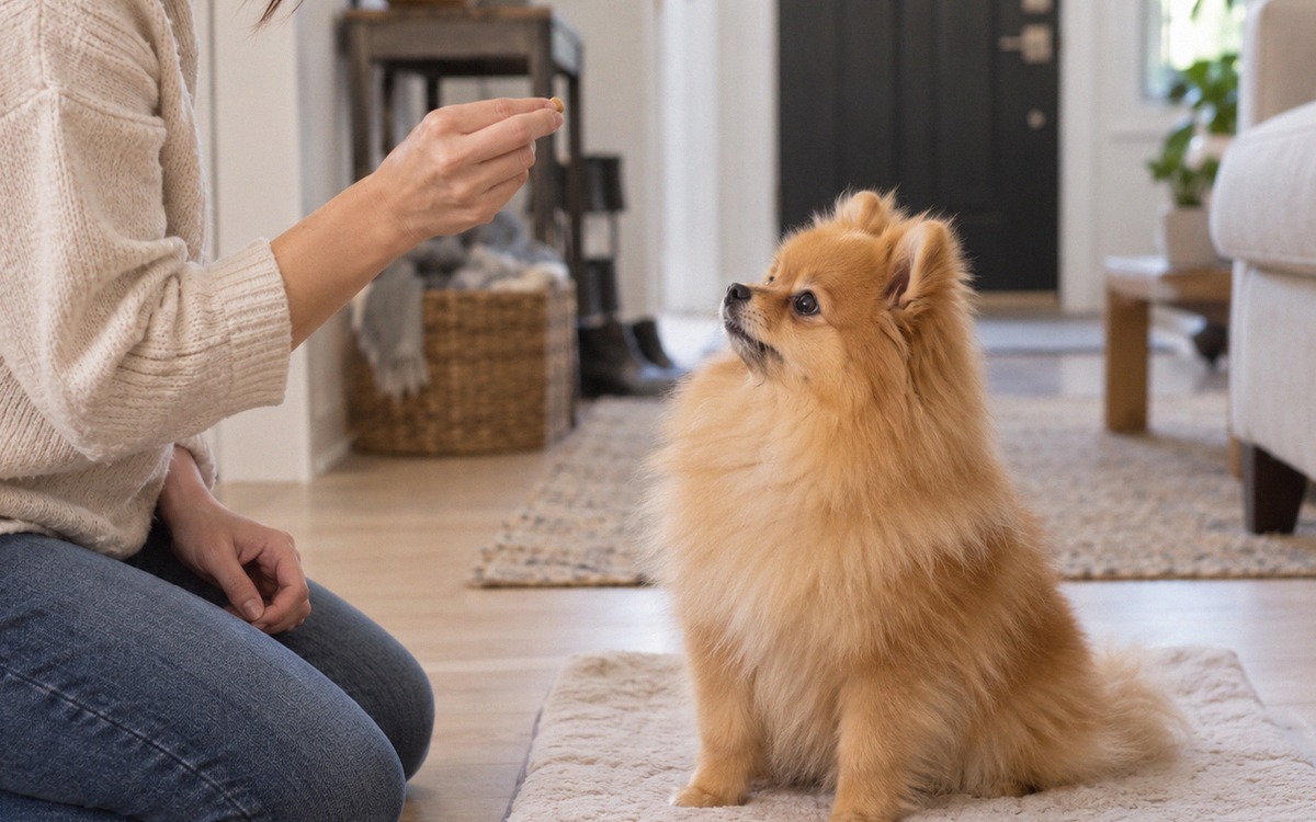 Photorealistic dog training scene in a bright apartment: a small orange Pomeranian Spitz calmly sitt