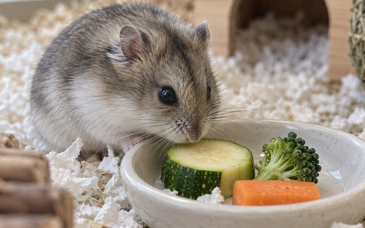 Photorealistic scene of a dwarf hamster carefully sniffing a small fresh zucchini slice in a clean c