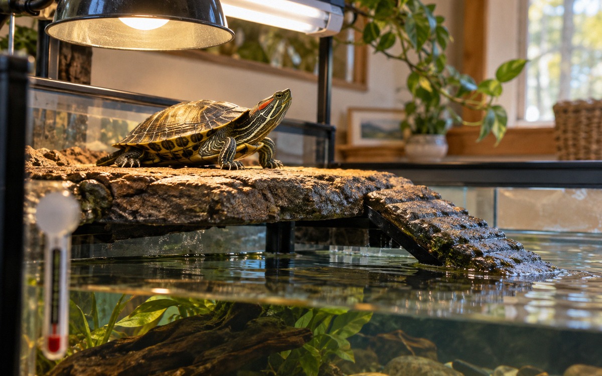 Photorealistic close editorial photograph showing correct care setup for a juvenile red-eared slider