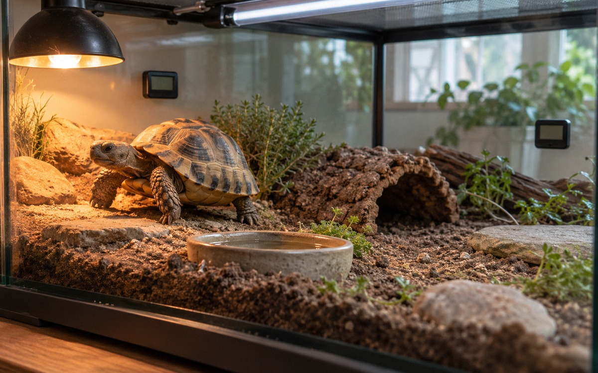 Photorealistic pet care scene inside a clean spacious tortoise terrarium: a Central Asian tortoise s
