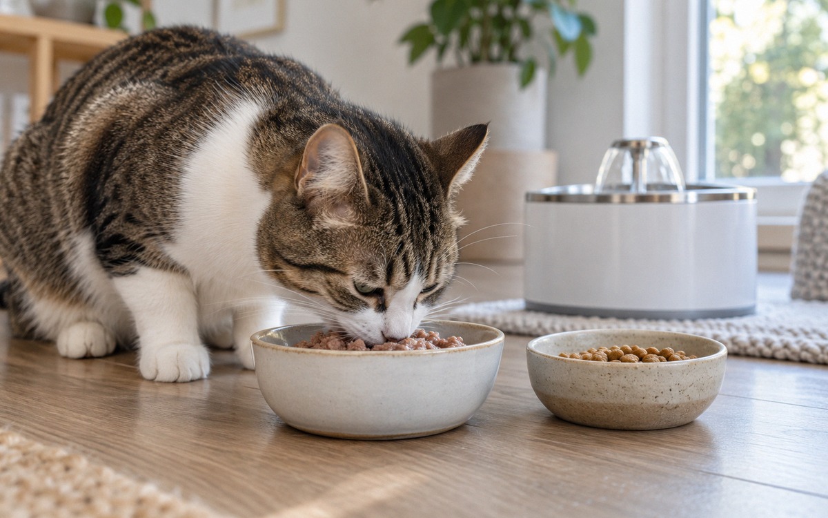 Photorealistic close editorial scene of an adult domestic shorthaired cat calmly eating wet food fro
