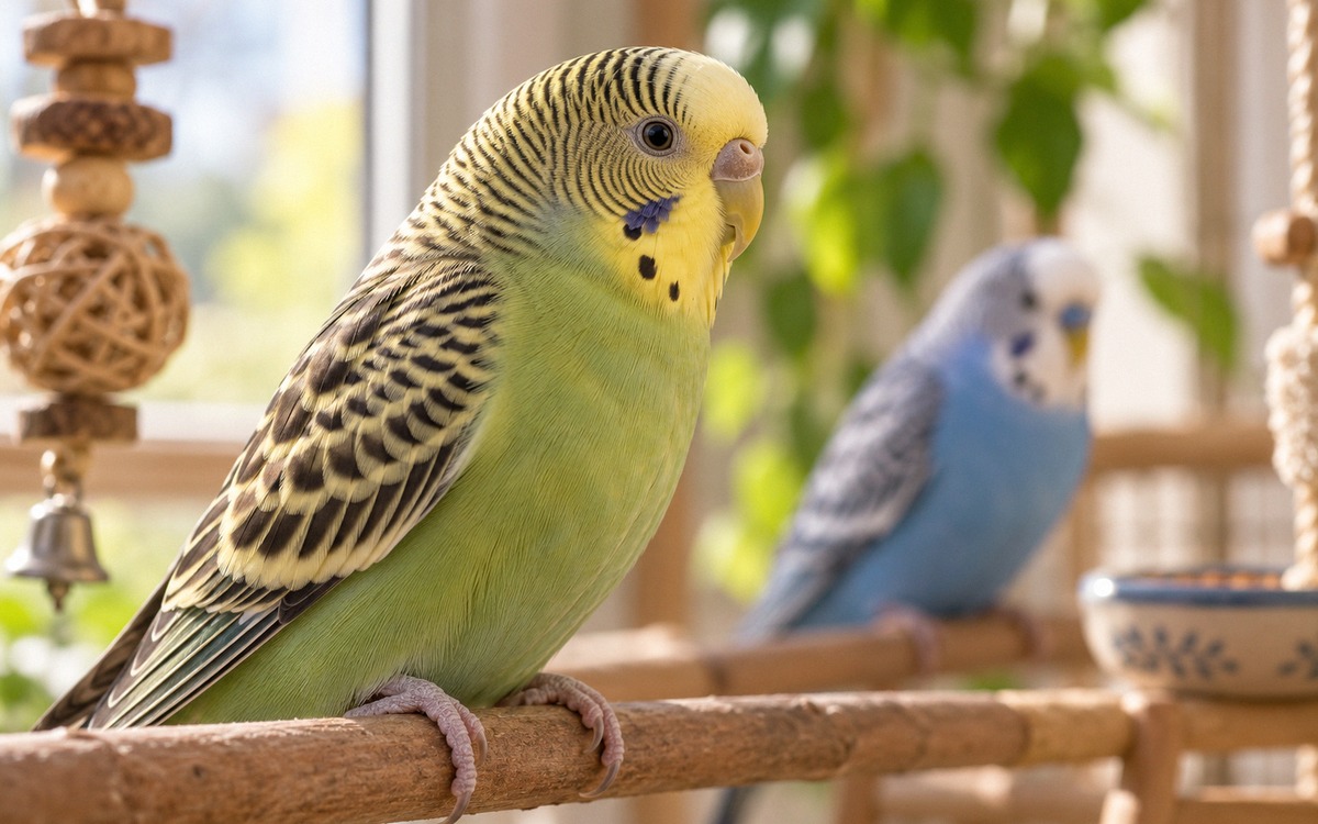 Macro natural photography of a healthy adult female budgerigar shown in side profile on a wooden per