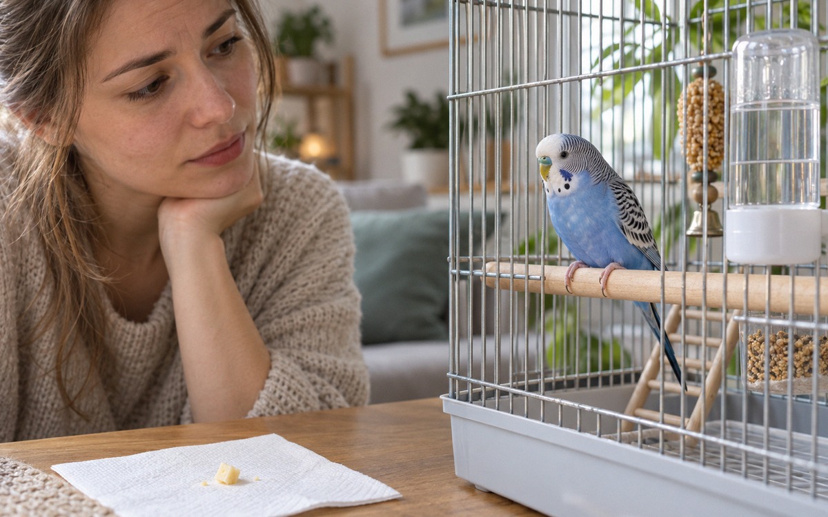 Photorealistic close pet care scene: a concerned owner gently observing a blue budgerigar sitting al