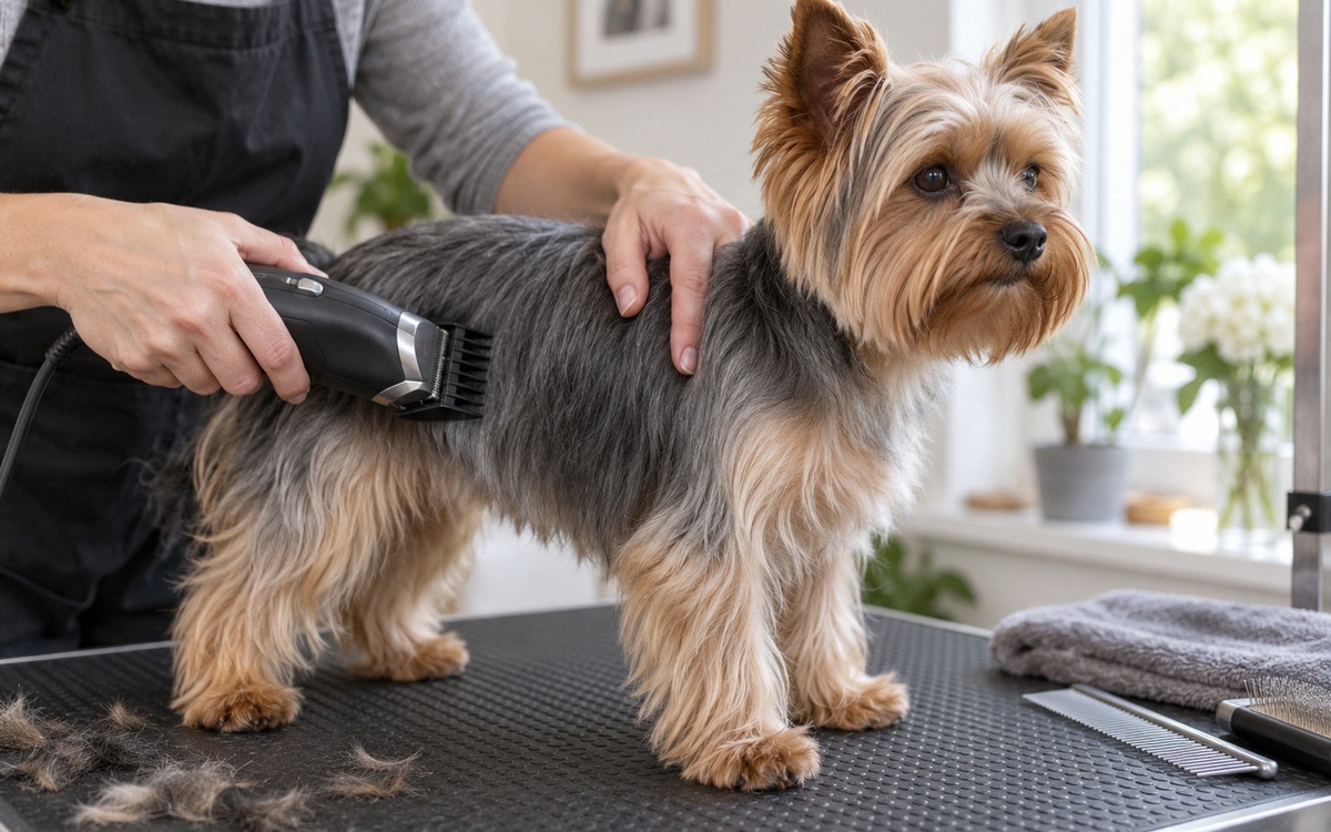 Close-up natural photography of a calm Yorkshire Terrier during a safe home grooming session, owner 