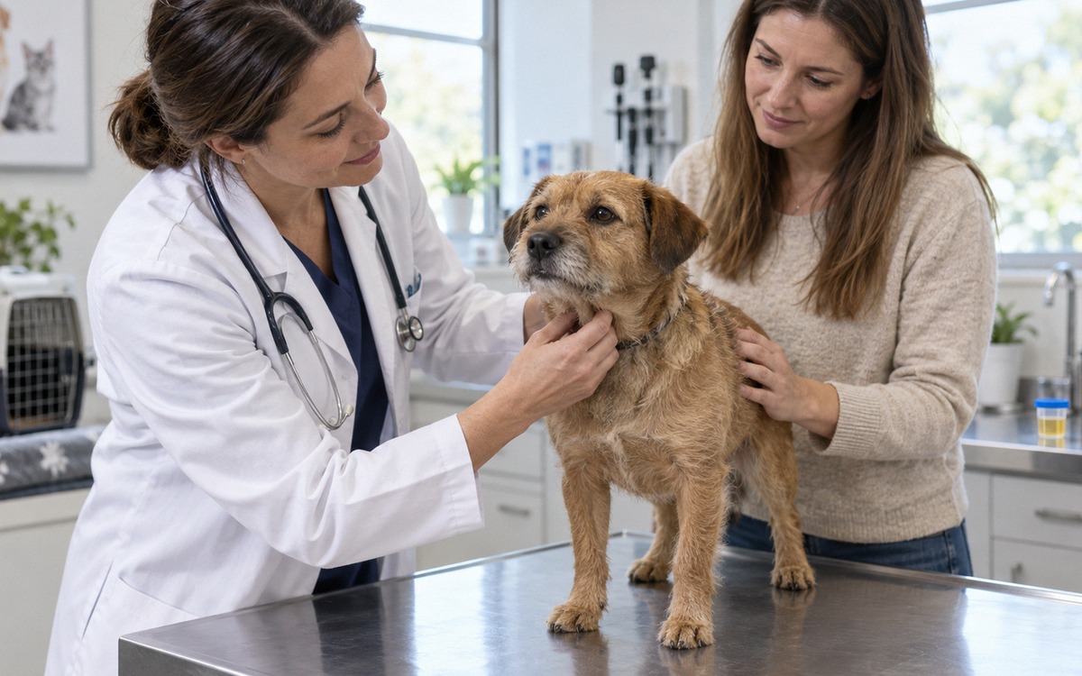 Photorealistic veterinary examination scene: an adult female veterinarian gently examining a calm sm