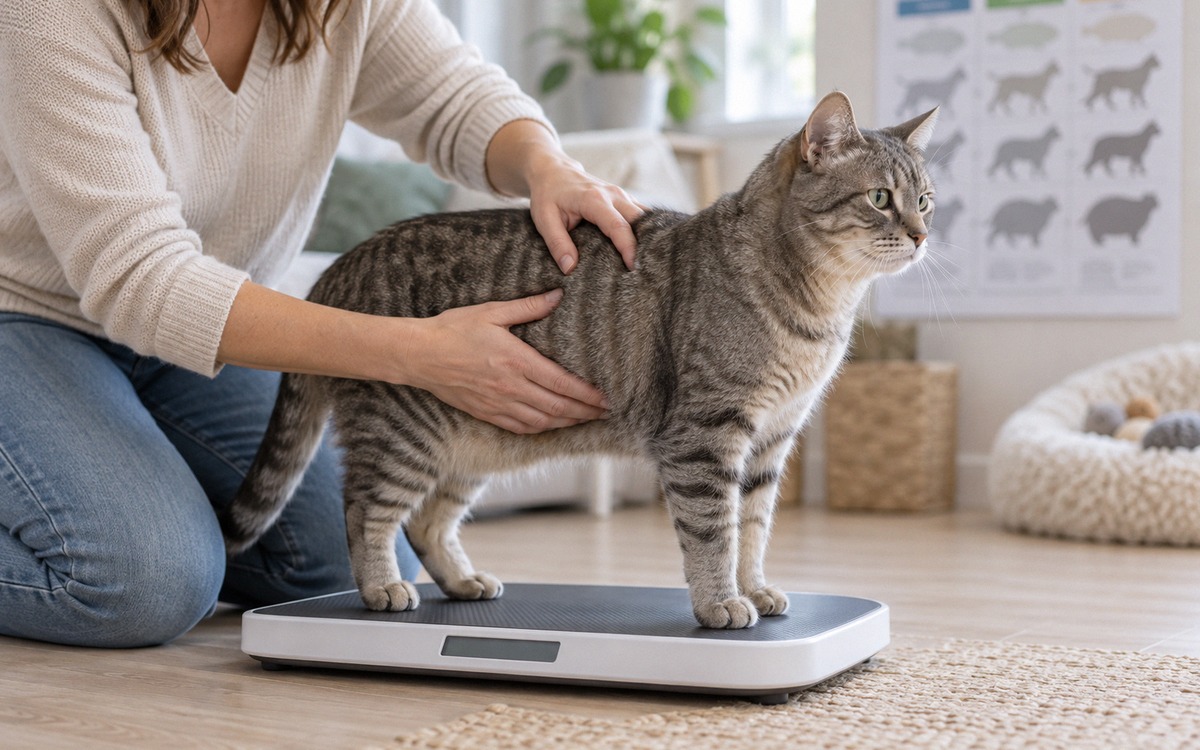 Close realistic veterinary-style home scene: an adult grey tabby cat standing calmly on a digital pe
