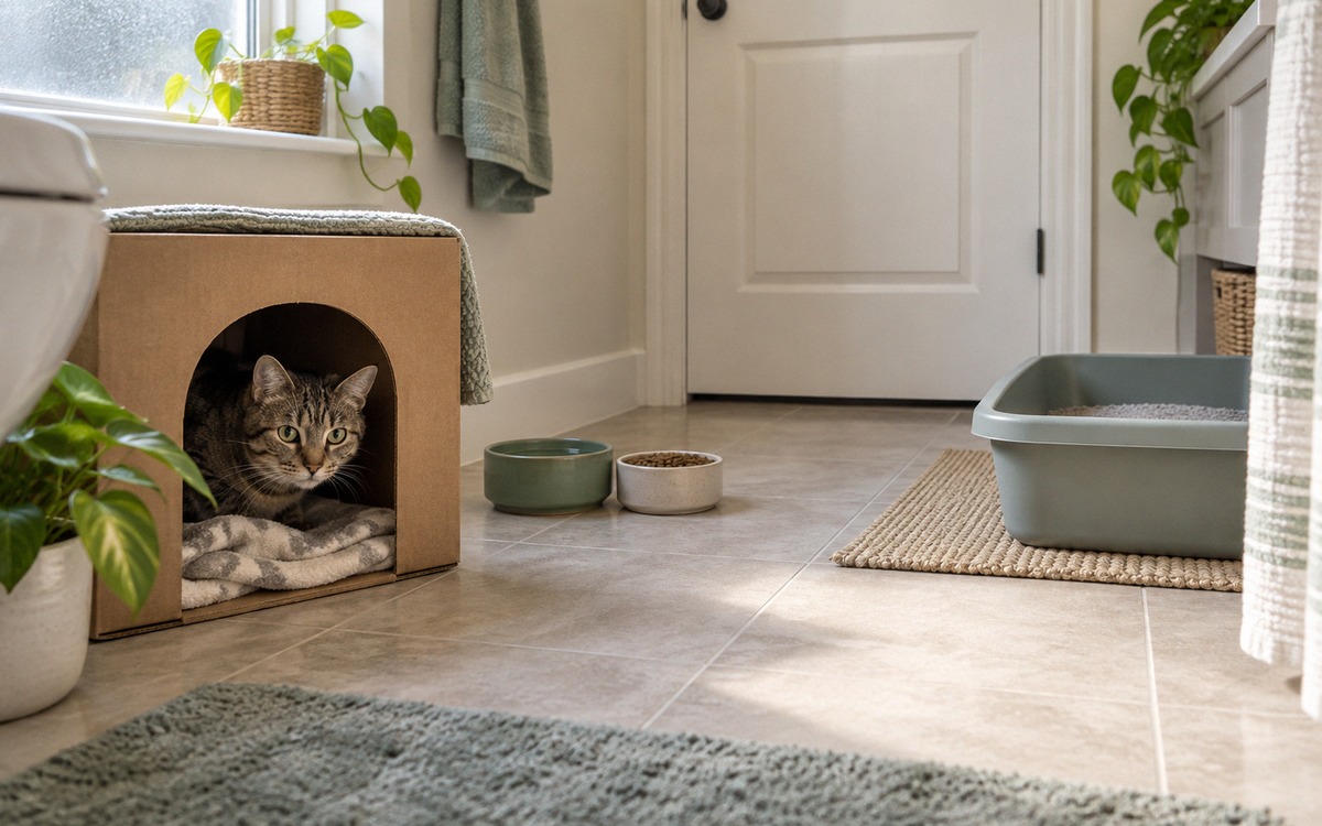 A realistic home quarantine setup for a rescued cat: a cautious tabby cat resting in a cardboard hid
