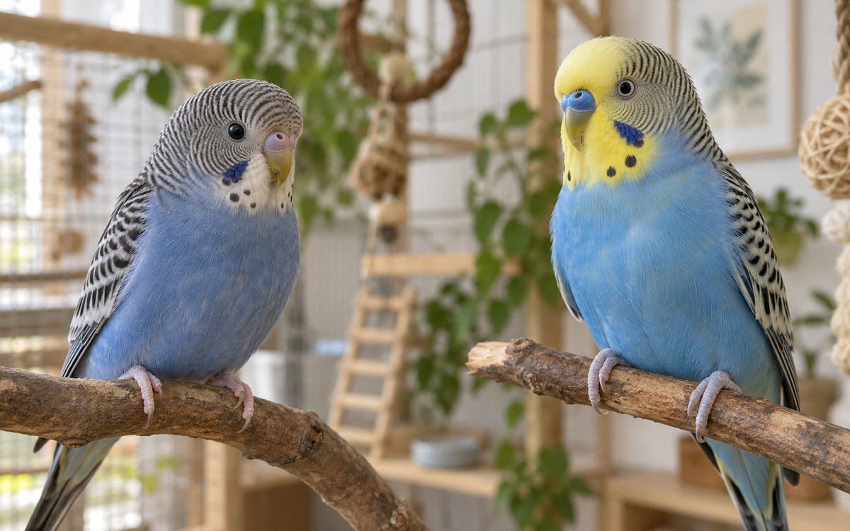 Natural photography of two budgerigars on separate natural wood perches for an age comparison: one j