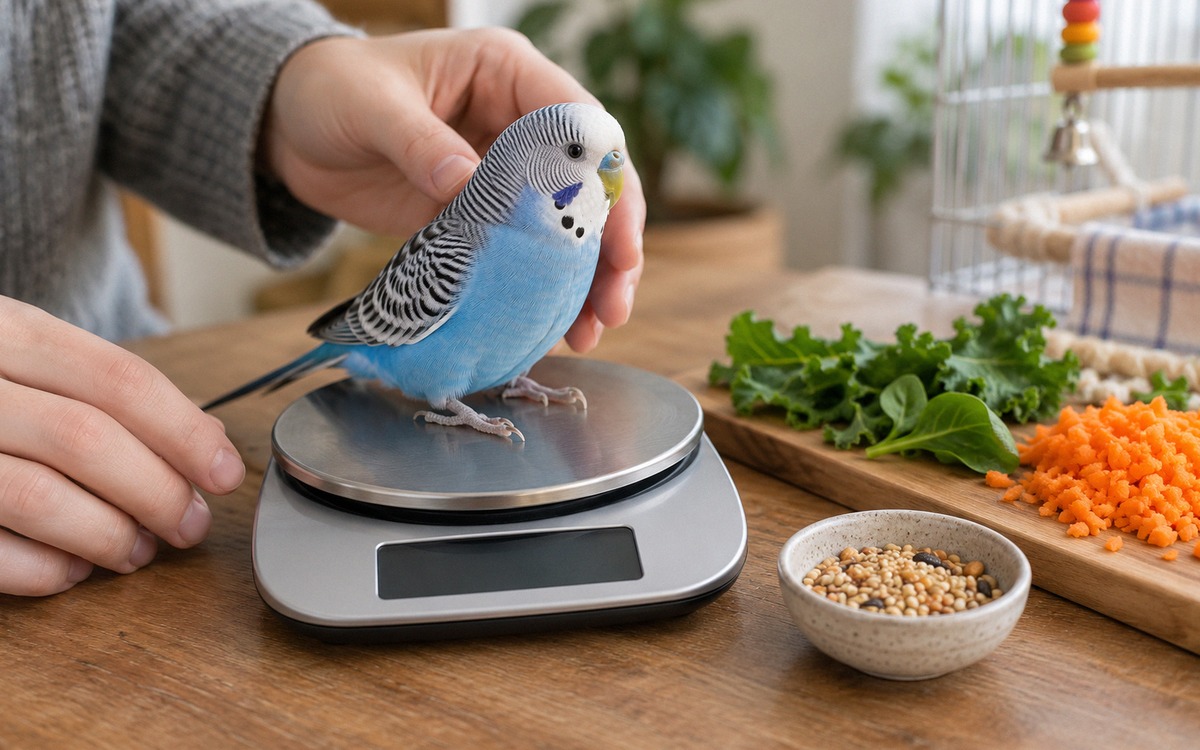 Natural photography of a caring pet owner gently weighing a blue budgerigar on a small digital kitch