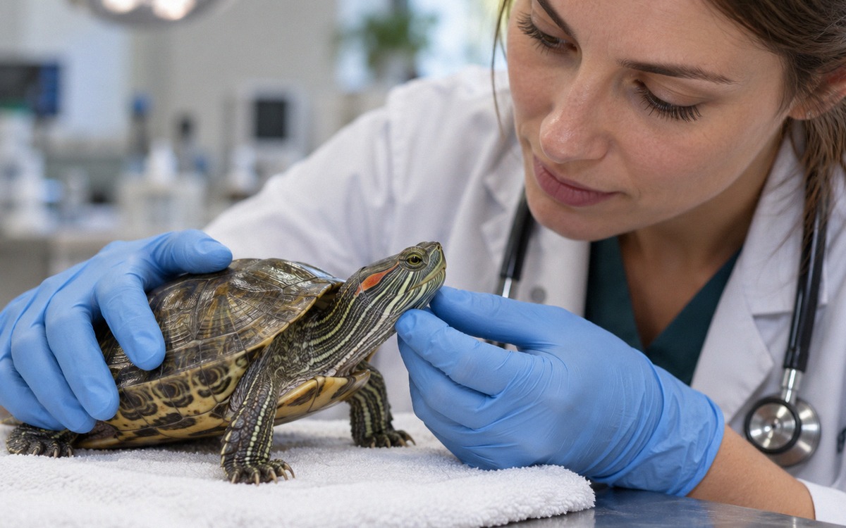 Close natural photograph of a veterinarian specialized in reptiles carefully examining a small red-e