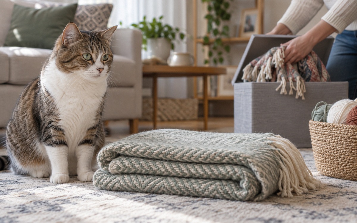 Close up veterinary safety scene: a curious adult house cat sitting beside a neatly folded blanket w