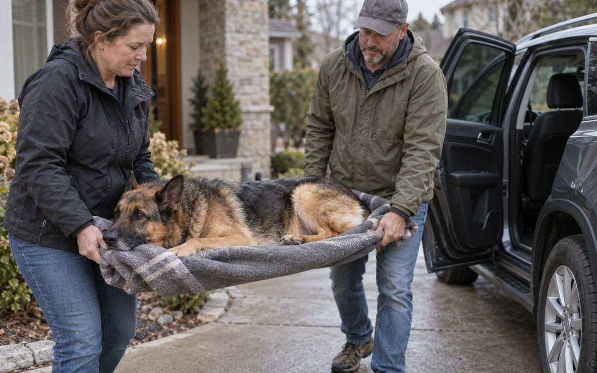 Photorealistic natural photography of a large German Shepherd being safely carried on a folded blank