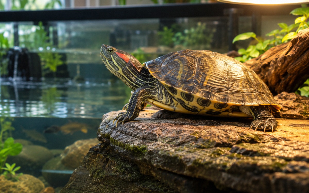 Natural photography of an adult red-eared slider turtle resting on a dry basking platform in a well 