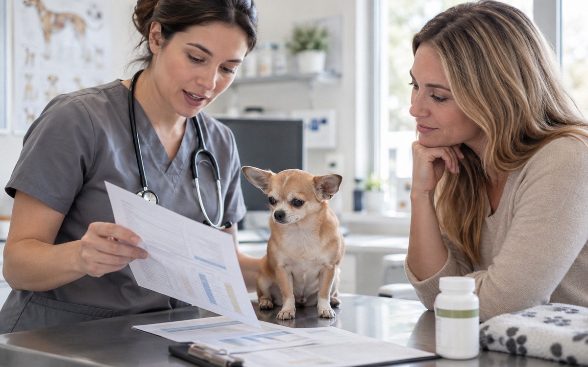 Natural veterinary clinic photography: a calm small Chihuahua on an examination table while a veteri