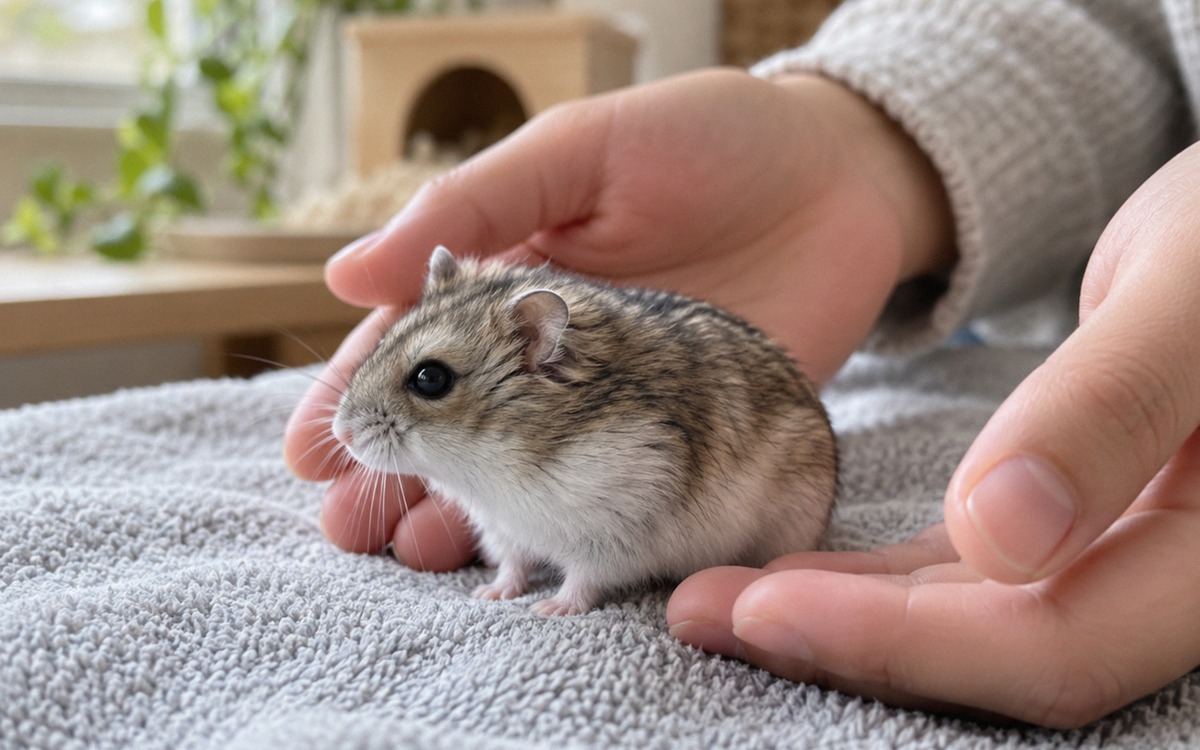Photorealistic educational home scene of a small dwarf hamster calmly standing on a soft light-gray 