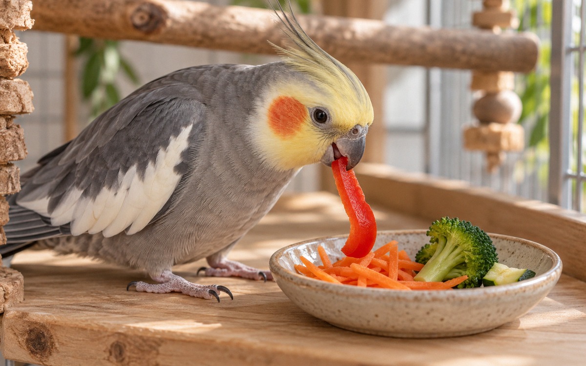 Photorealistic close-up editorial photograph of a normal grey cockatiel with a yellow head and orang