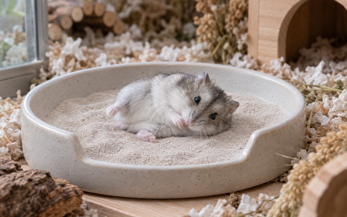 Photorealistic close-up demonstrating a safe hamster sand bath. A winter white dwarf hamster with a 