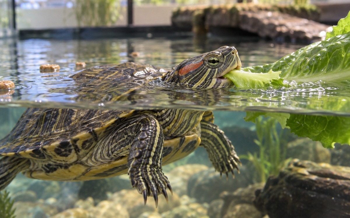 Photorealistic close-up editorial photograph of one adult red-eared slider turtle, Trachemys scripta
