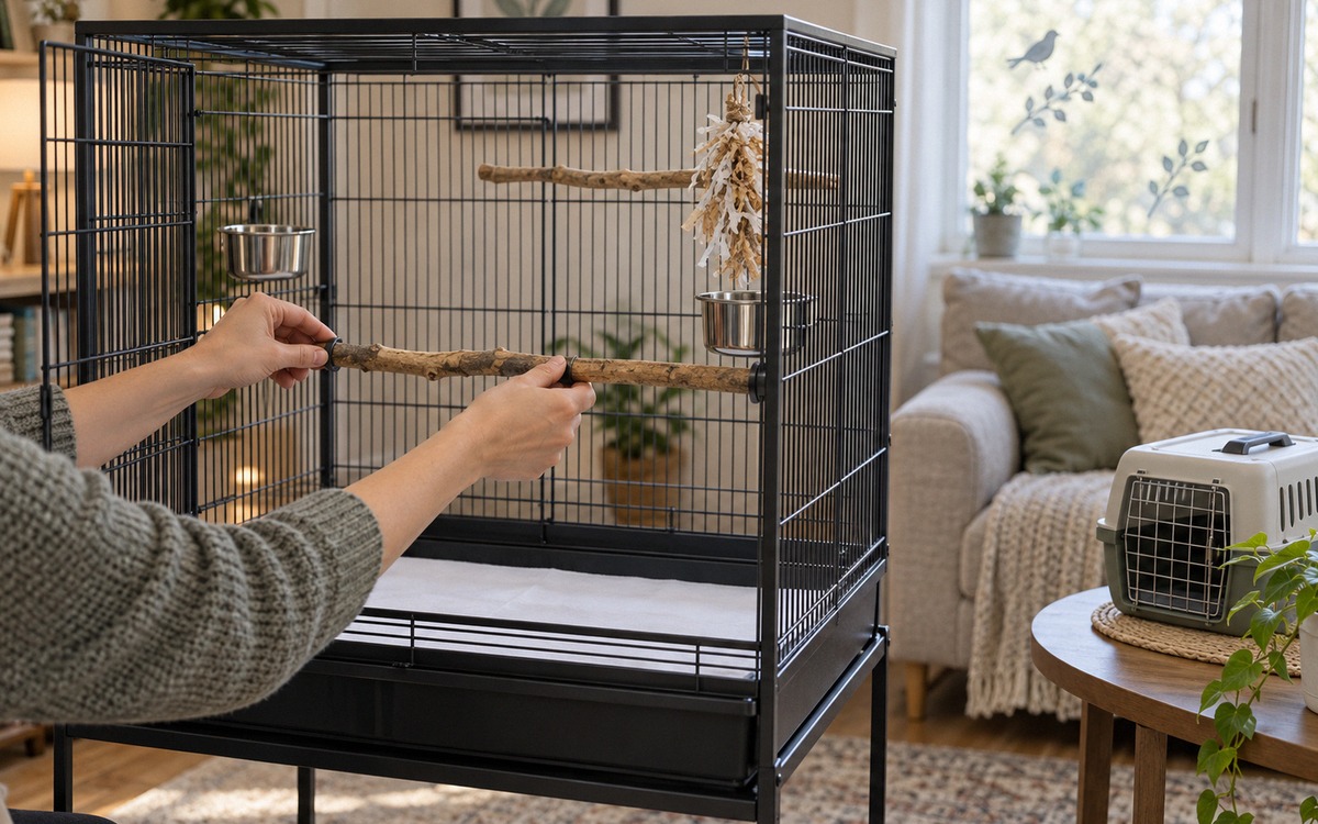 Photorealistic editorial photograph showing the practical setup of a safe home for one budgerigar be
