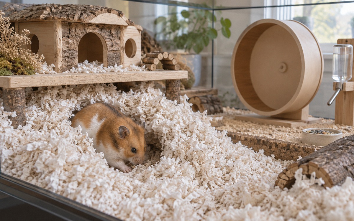 Photorealistic pet welfare editorial photograph showing a single golden Syrian hamster actively digg