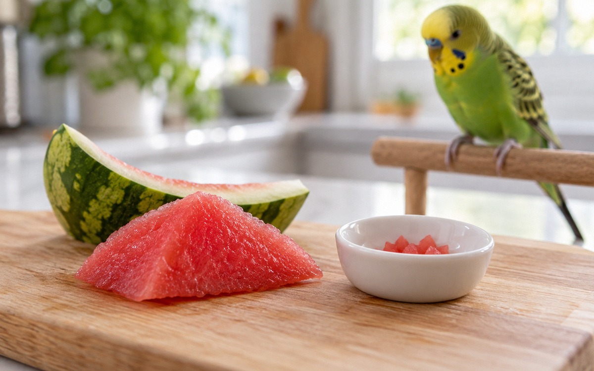 Photorealistic close-up of careful preparation of watermelon for a pet budgerigar: clean wooden cutt