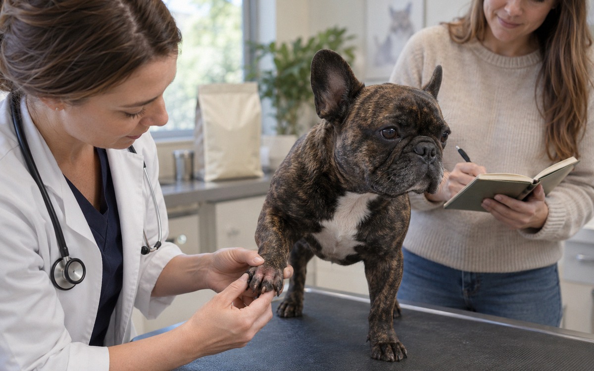Photorealistic veterinary consultation scene: an adult brindle French bulldog stands calmly on a non
