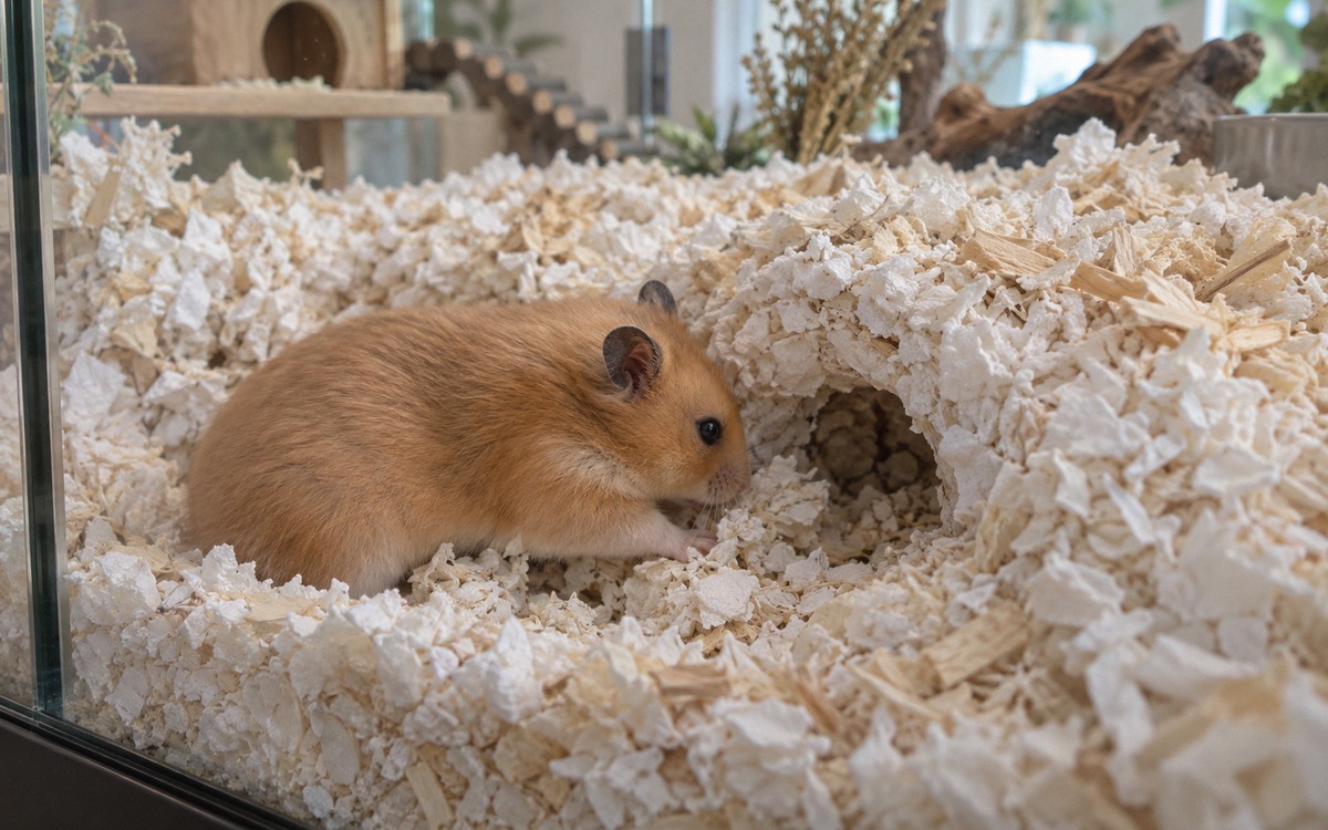 Photorealistic close side view through the clear glass wall of a spacious hamster enclosure, showing