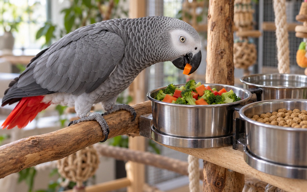 Photorealistic close editorial photograph showing a practical healthy feeding setup for an African g