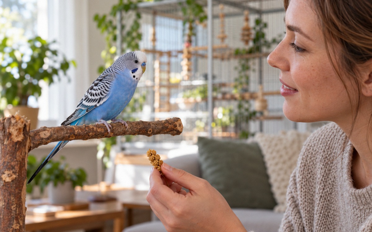 Photorealistic instructional pet-care photograph showing a brief voluntary speech-training interacti