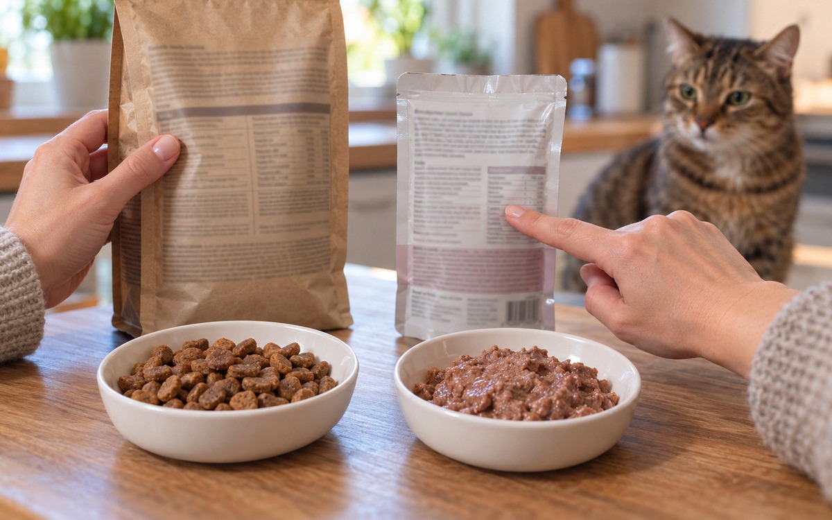 Photorealistic close-up editorial photograph illustrating a real comparison of wet and dry cat food