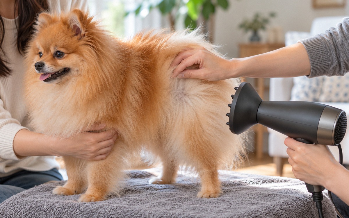 Photorealistic close-up editorial photograph demonstrating safe drying of a Pomeranian's dense doubl
