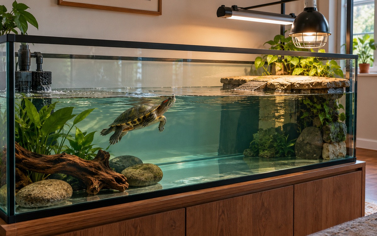 Photorealistic wide editorial photograph showing a properly planned spacious indoor habitat for one