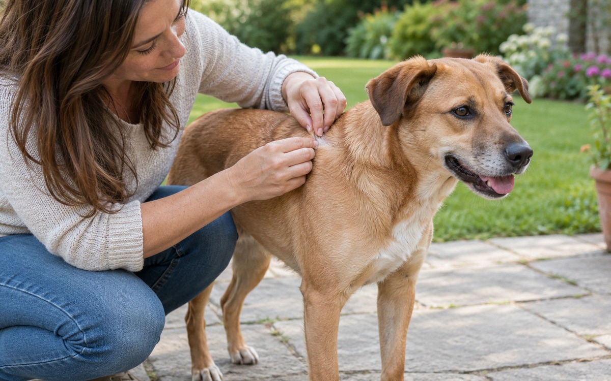 Photorealistic documentary photograph illustrating a calm external skin check after a dog has repeat