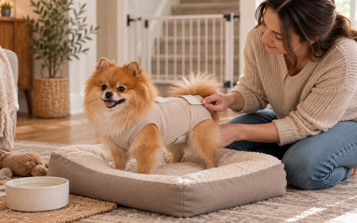 Photorealistic practical editorial photograph showing postoperative home care for a small orange Pom