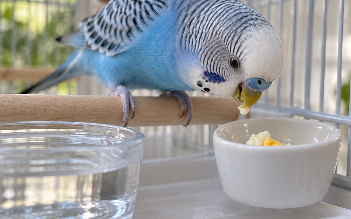 Close-up natural photograph of a blue budgerigar carefully eating a very small crumb of hard-boiled