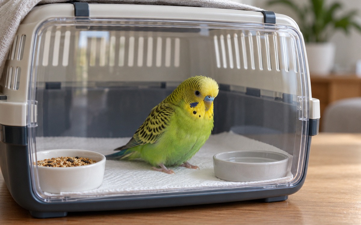 Photorealistic veterinary care editorial photograph showing a safe temporary transport setup for a w