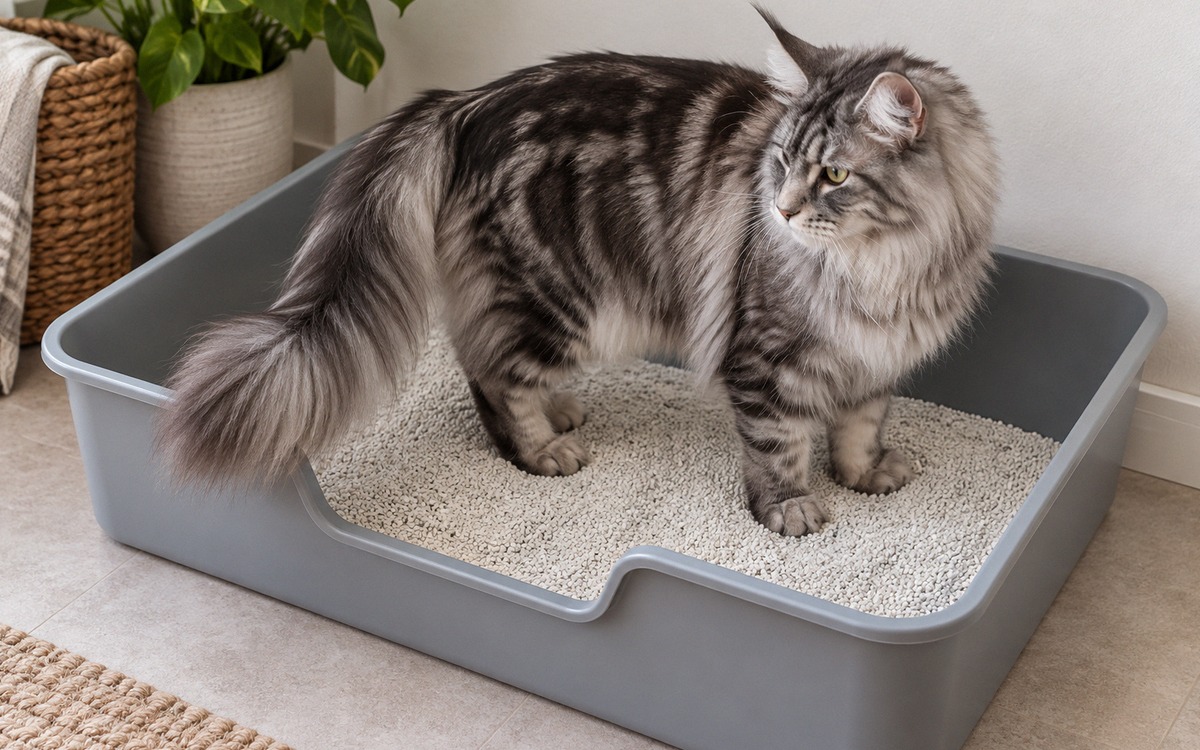 Photorealistic educational editorial photograph showing an adult silver tabby Maine Coon calmly stan