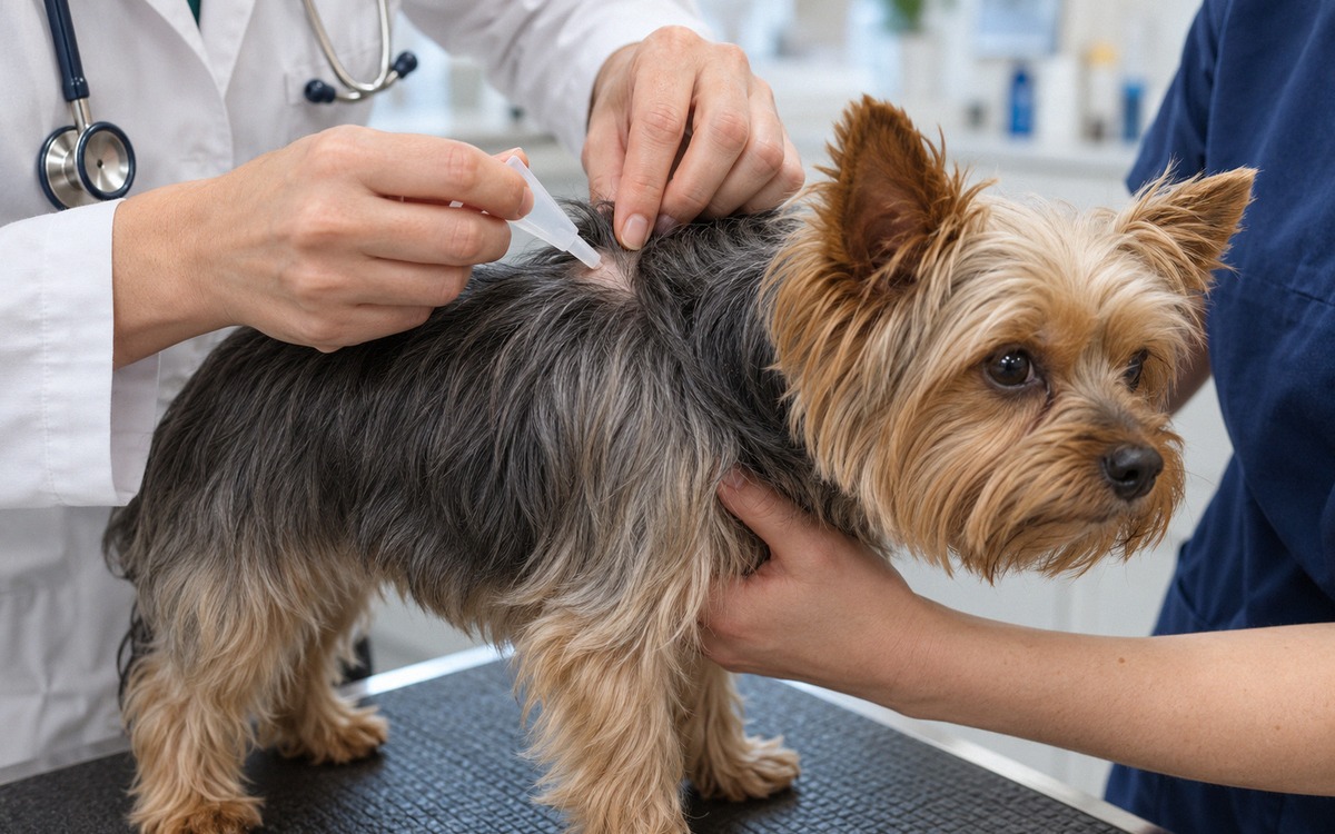 Photorealistic close-up instructional veterinary photograph showing correct topical flea treatment a