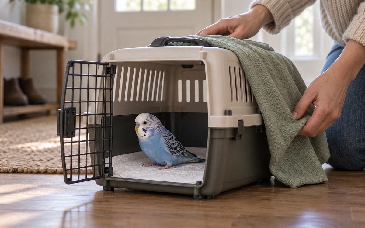Photorealistic close editorial photograph showing safe preparation for transporting a weak pet budge