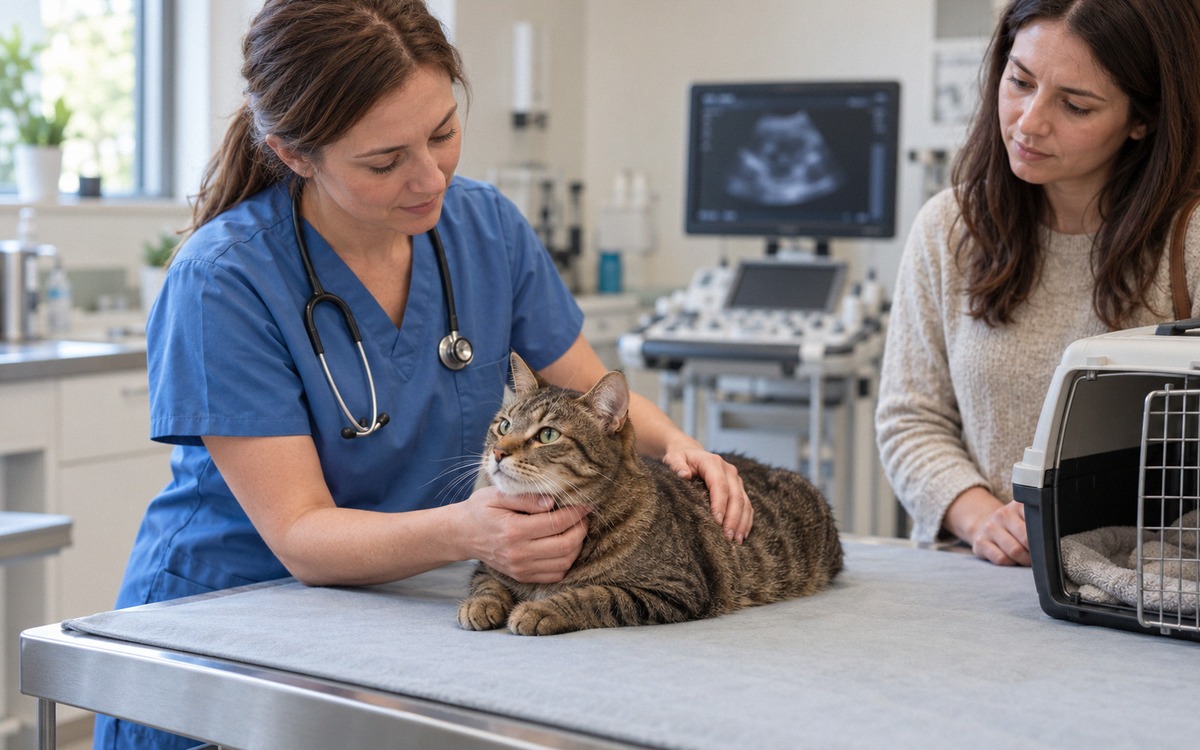 Photorealistic veterinary editorial photograph illustrating prompt professional assessment of a cat 