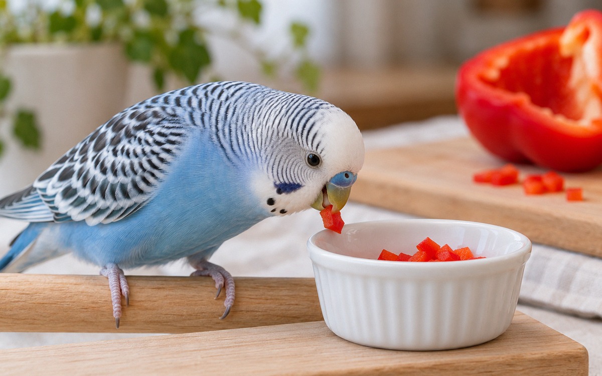 Photorealistic close-up demonstrating safe first presentation of sweet bell pepper to a pet budgerig