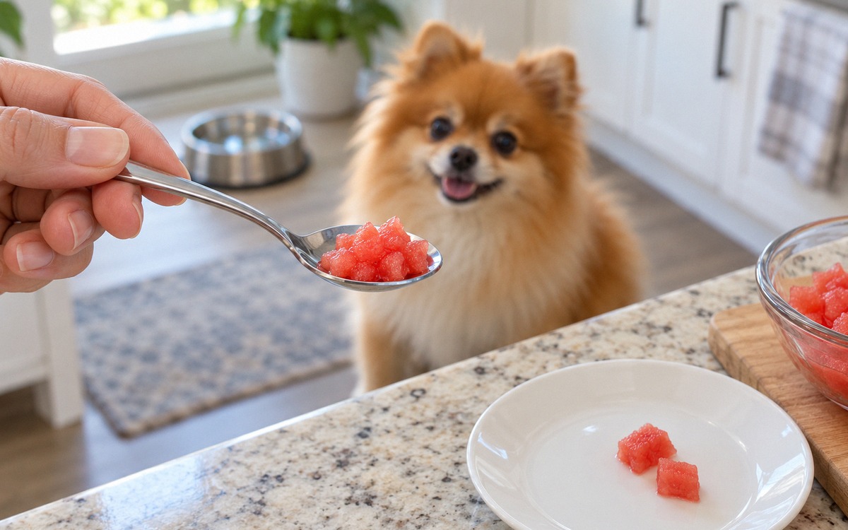 Photorealistic close-up editorial photograph demonstrating a cautious first fruit portion for a smal