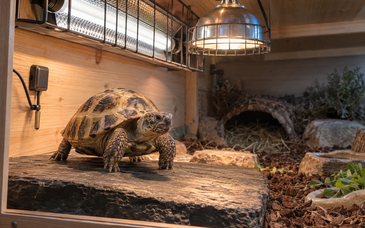 Photorealistic close-up of a responsible turtle habitat setup: a small Central Asian tortoise standi