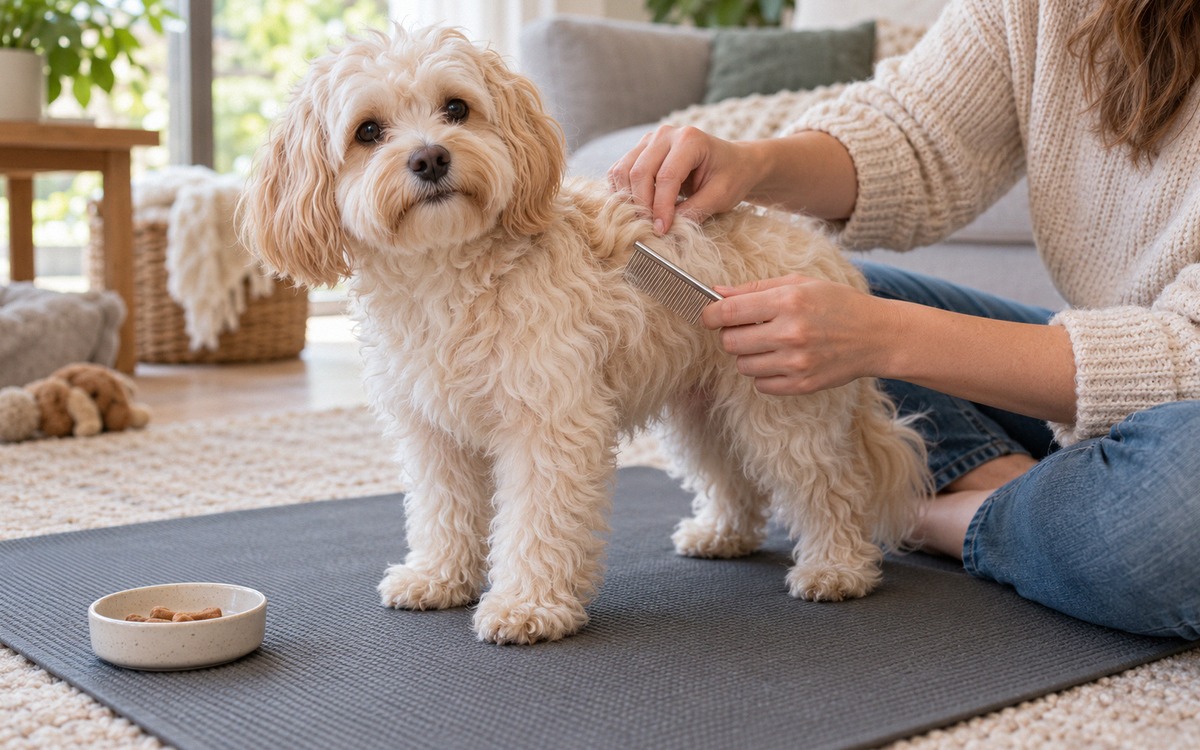 Photorealistic close editorial photograph showing a safe beginner grooming activity at home. A small