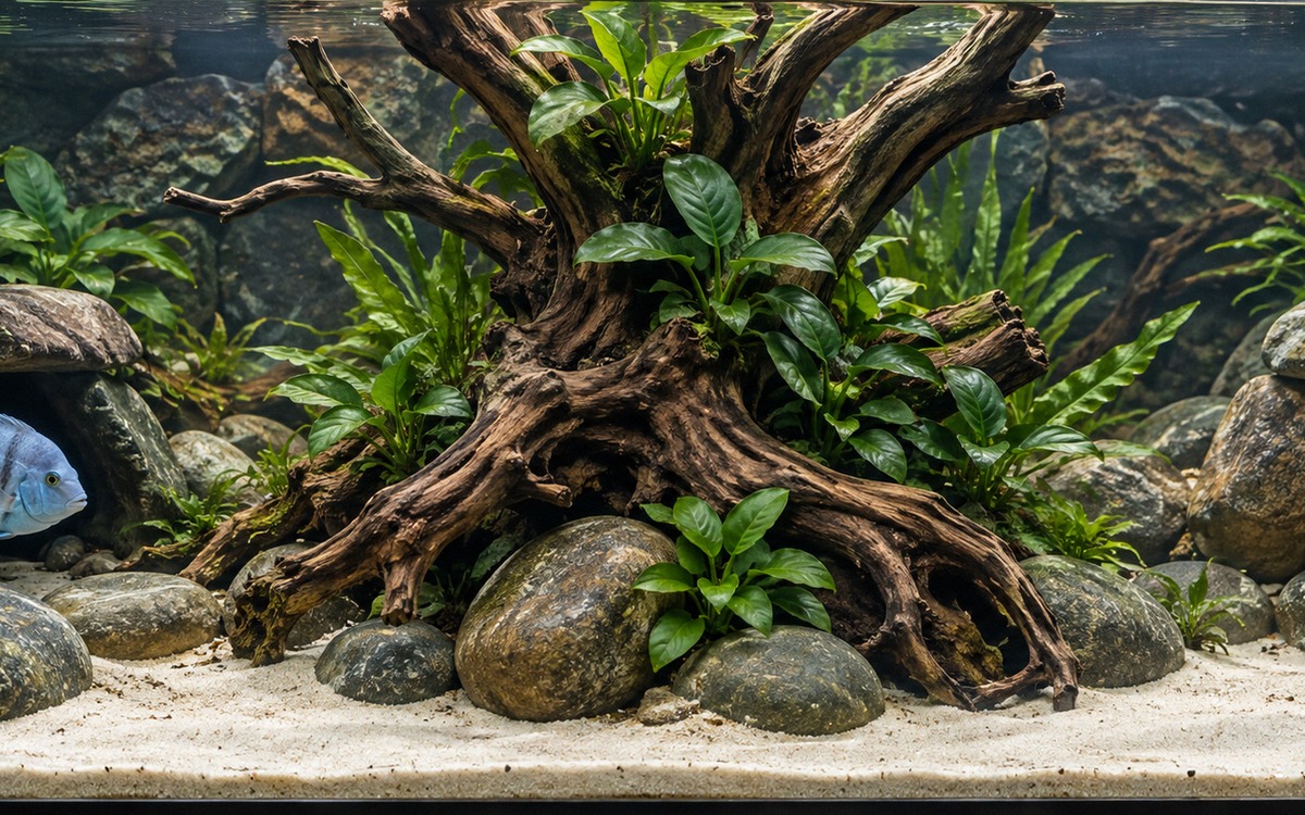 Photorealistic editorial photograph demonstrating territorial separation in a large freshwater aquar