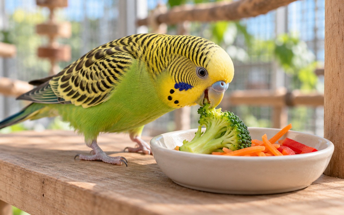 Close-up photorealistic editorial photograph of an adult green-and-yellow budgerigar actively nibbli