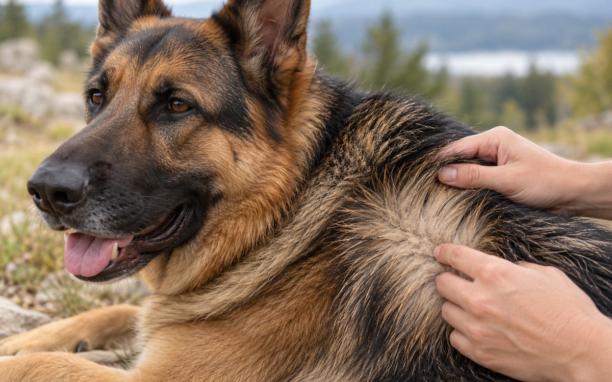 Photorealistic close-up of an adult sable German Shepherd resting calmly outdoors while a person's h