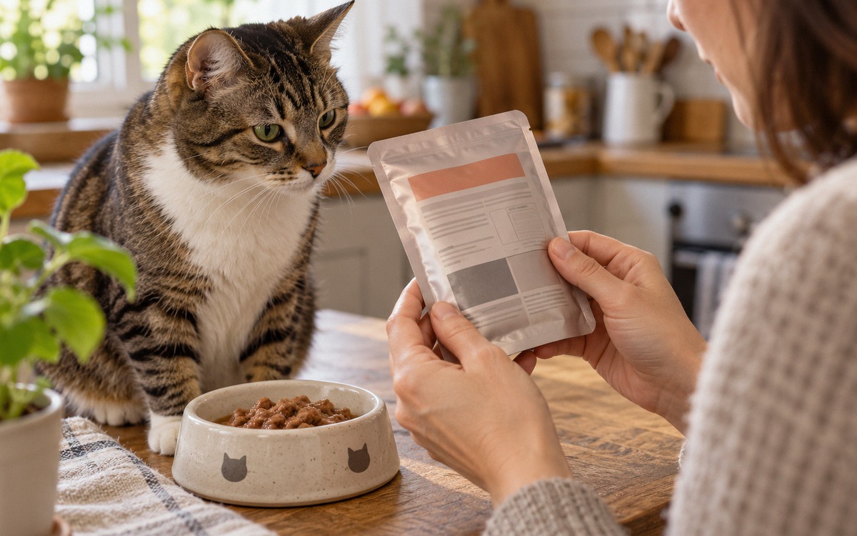 Photorealistic close editorial photograph of a cat owner checking the back label of an unopened wet